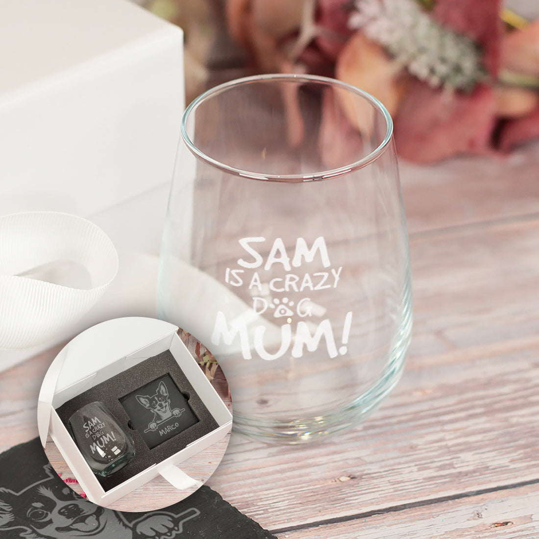 Crazy Dog Mum Engraved Stemless Glass