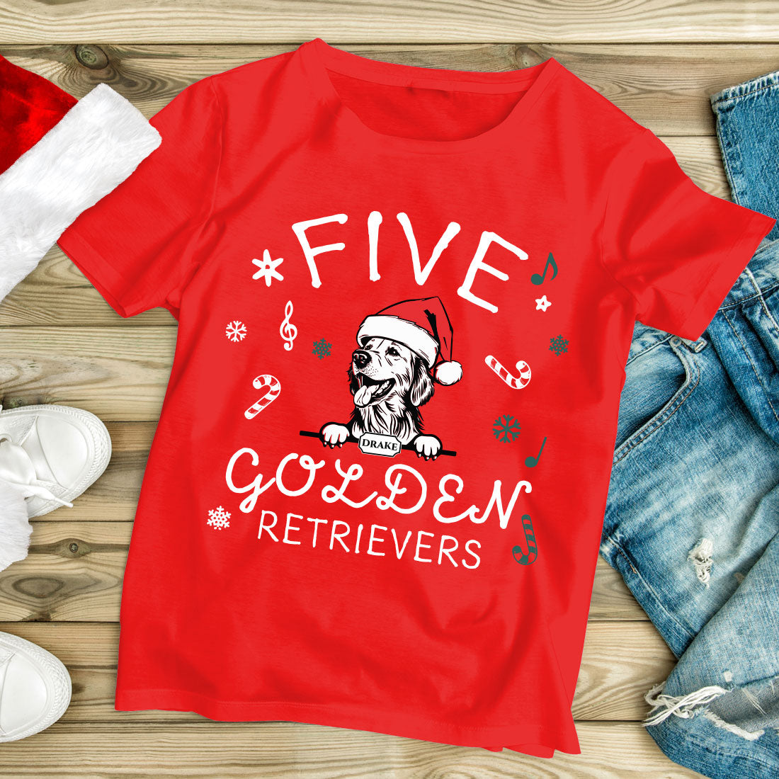 Personalised 'Five Golden Retrievers' Pet Dog Christmas Red T-shirt-Love Lumi Ltd