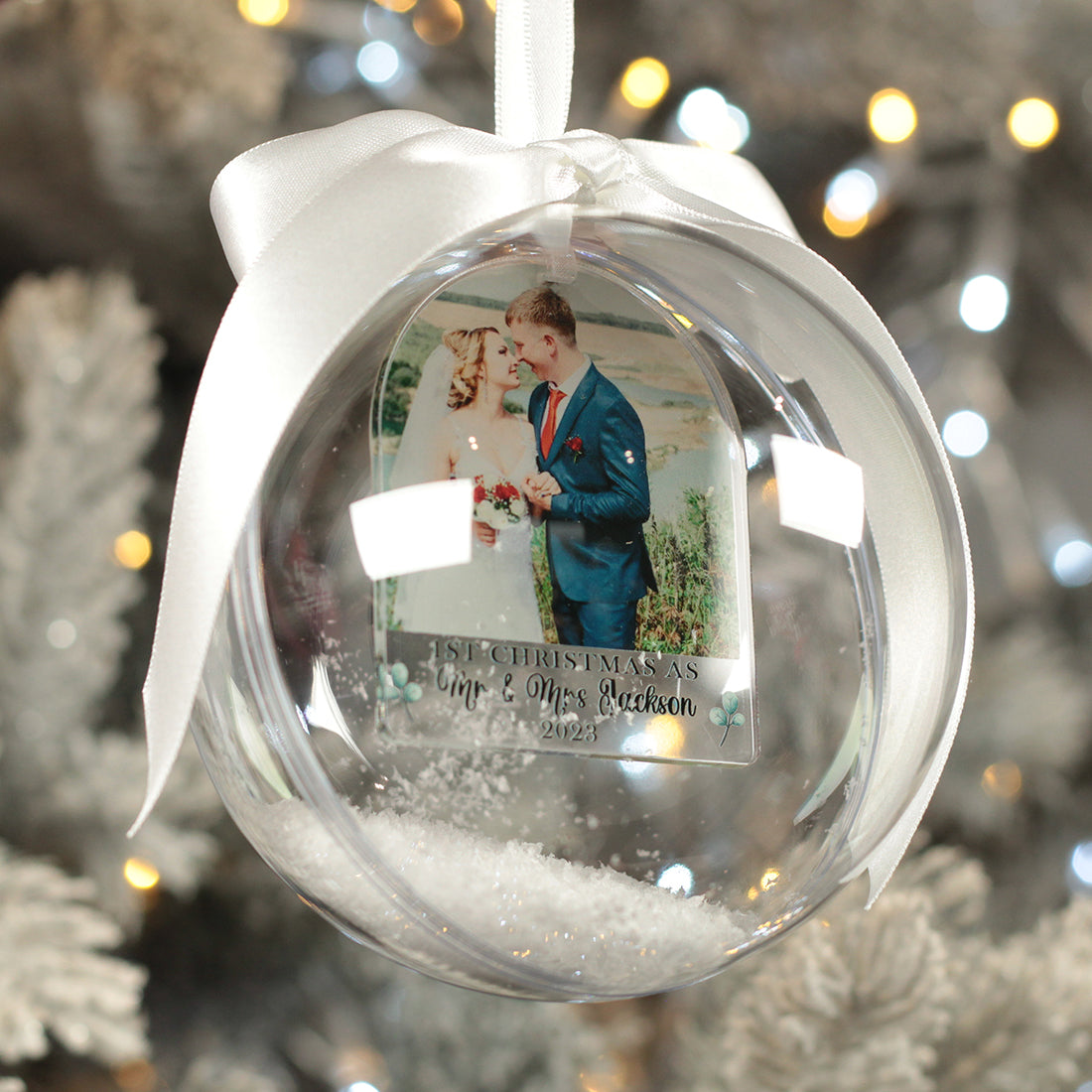 First Christmas Married Photo Snowy Acrylic Christmas Tree Bauble Decoration-Love Lumi Ltd