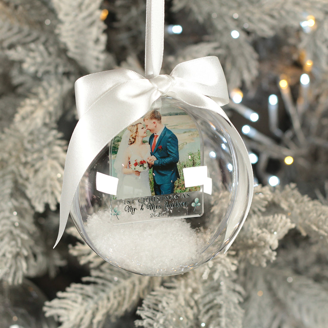 First Christmas Married Photo Snowy Acrylic Christmas Tree Bauble Decoration-Love Lumi Ltd