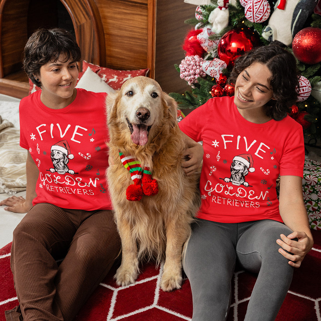 Personalised 'Five Golden Retrievers' Pet Dog Christmas Red T-shirt-Love Lumi Ltd
