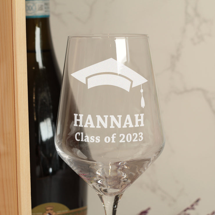Graduation Congratulations Bottle Box with clear lid and matching Glass Gift Set