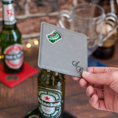 Script Initials PU Leather Coaster with Bottle Opener