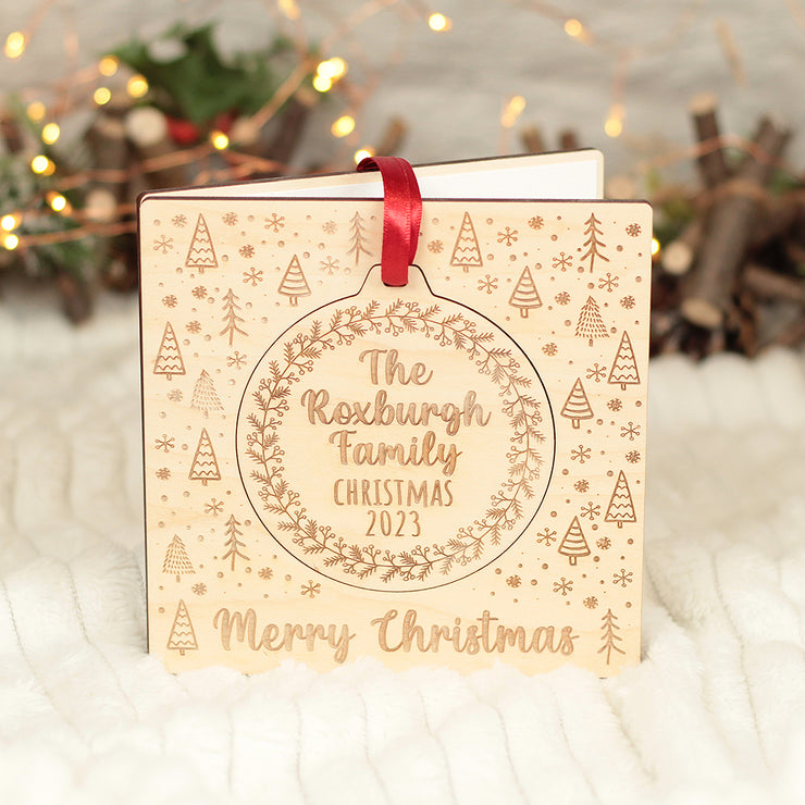 Christmas Wreath Wooden Card with Removable Hanging Decoration