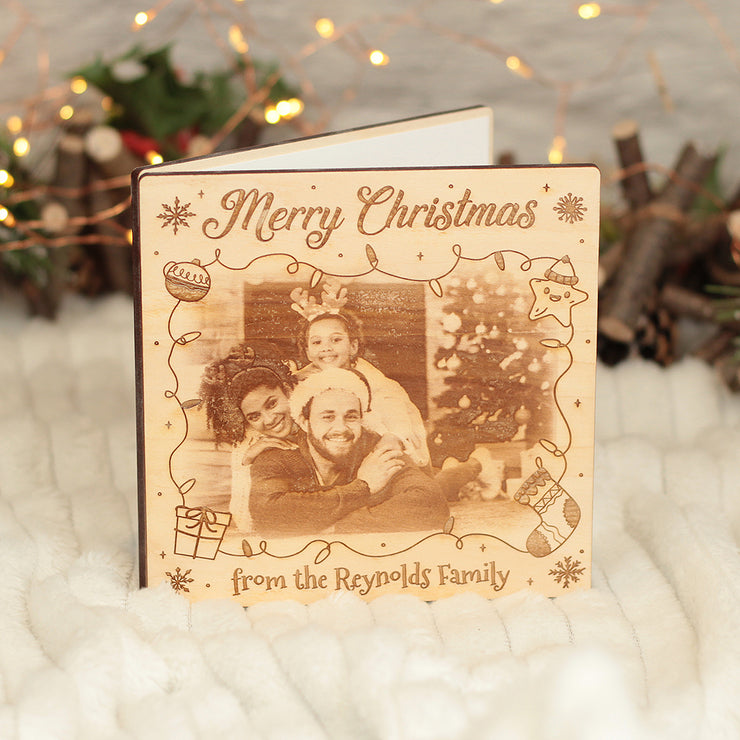 Christmas Charms Family Photo Engraved Wooden Greetings Card