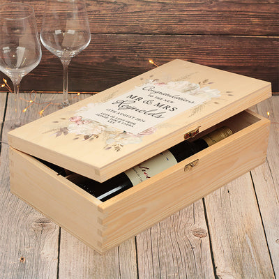 Personalised Blush Flowers Wedding Gift Double Wooden Wine Bottle Box