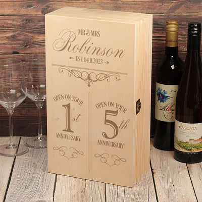 Engraved 1st and 5th Wedding Anniversary Double Wine Bottle Gift Box