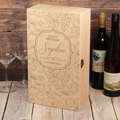 Engraved Grape Vines Double Wine Bottle Gift Box