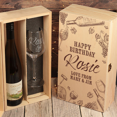 Wine Grape Vine Luxury Gift Set Bottle Box with Glass