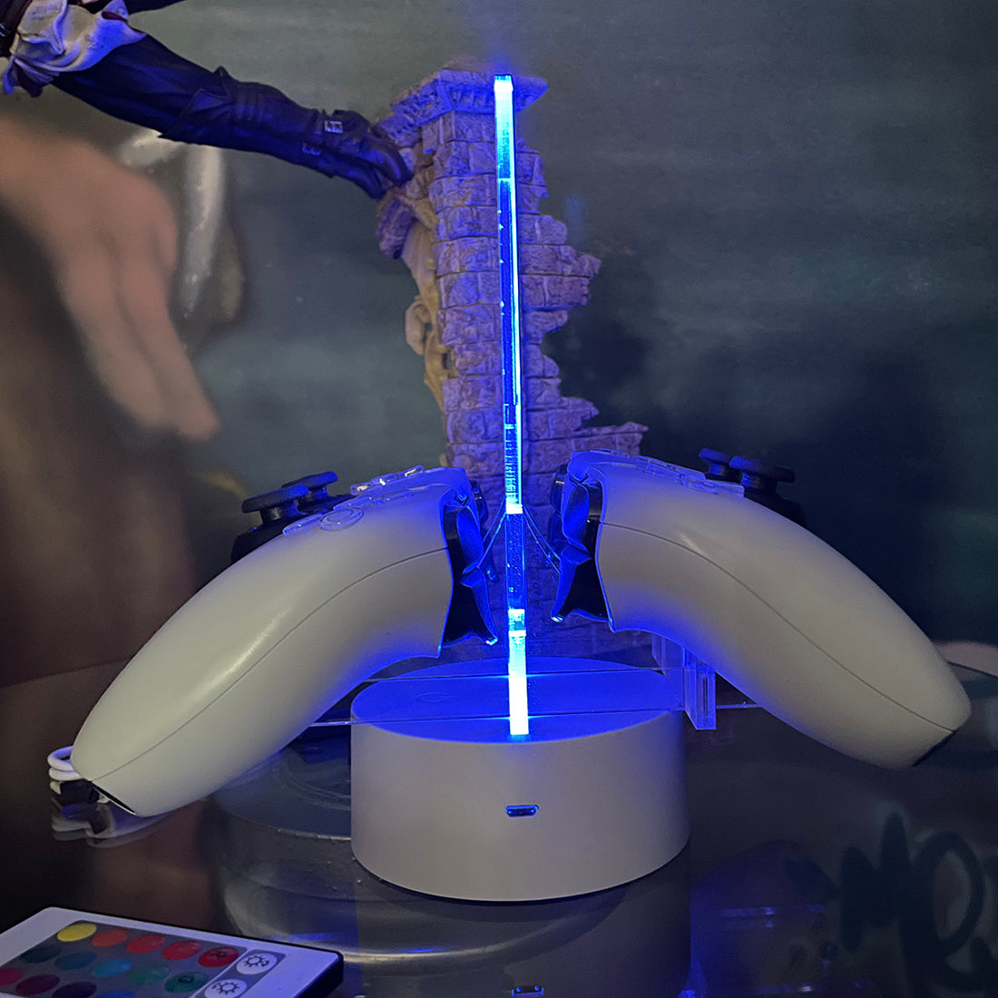 Neon Blue Dual Controller Stand Gaming Station with Colour Changing light base-Love Lumi Ltd