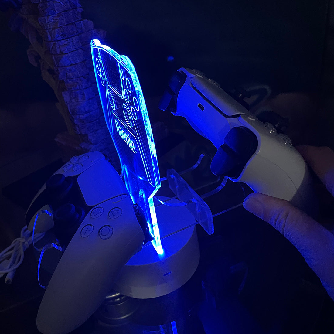 Neon Blue Dual Controller Stand Gaming Station with Colour Changing light base-Love Lumi Ltd