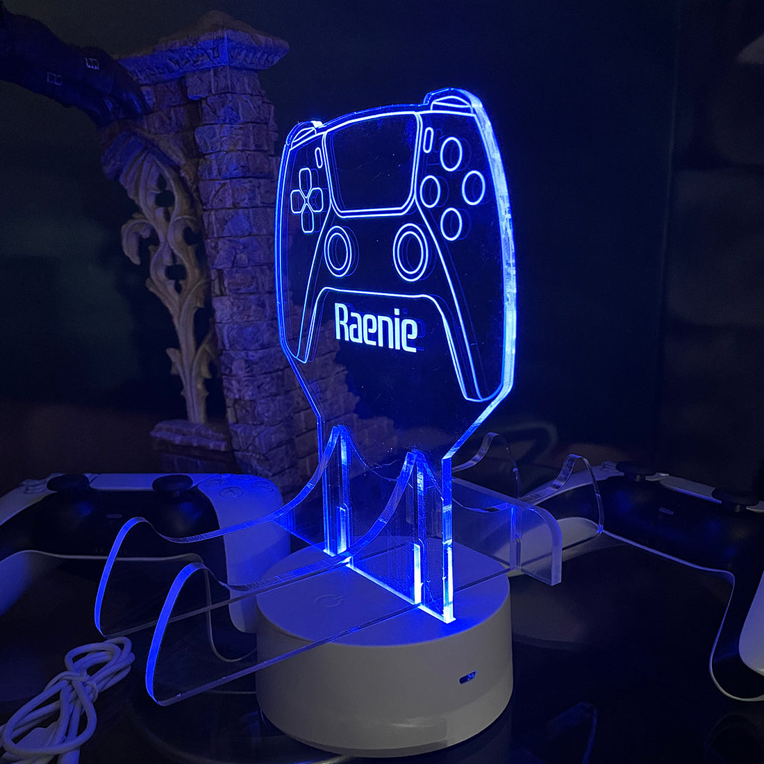 Neon Blue Dual Controller Stand Gaming Station with Colour Changing light base-Love Lumi Ltd