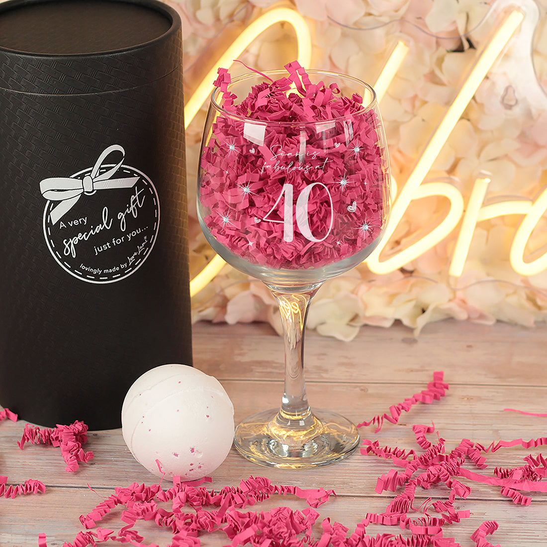 40th Birthday Diamante Embellished Gin Glass and Bath Bomb Gift Set