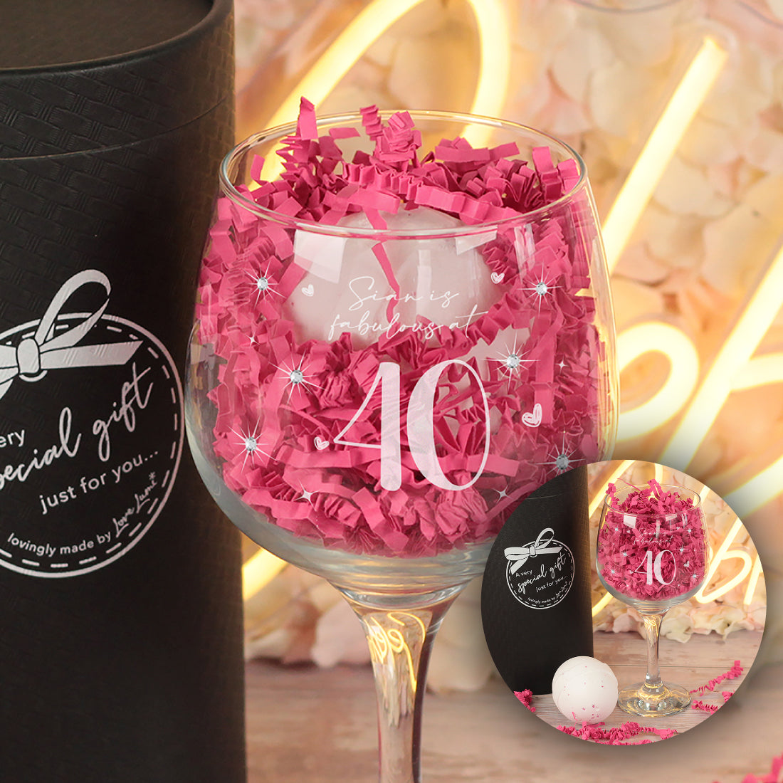 40th Birthday Diamante Embellished Gin Glass and Bath Bomb Gift Set