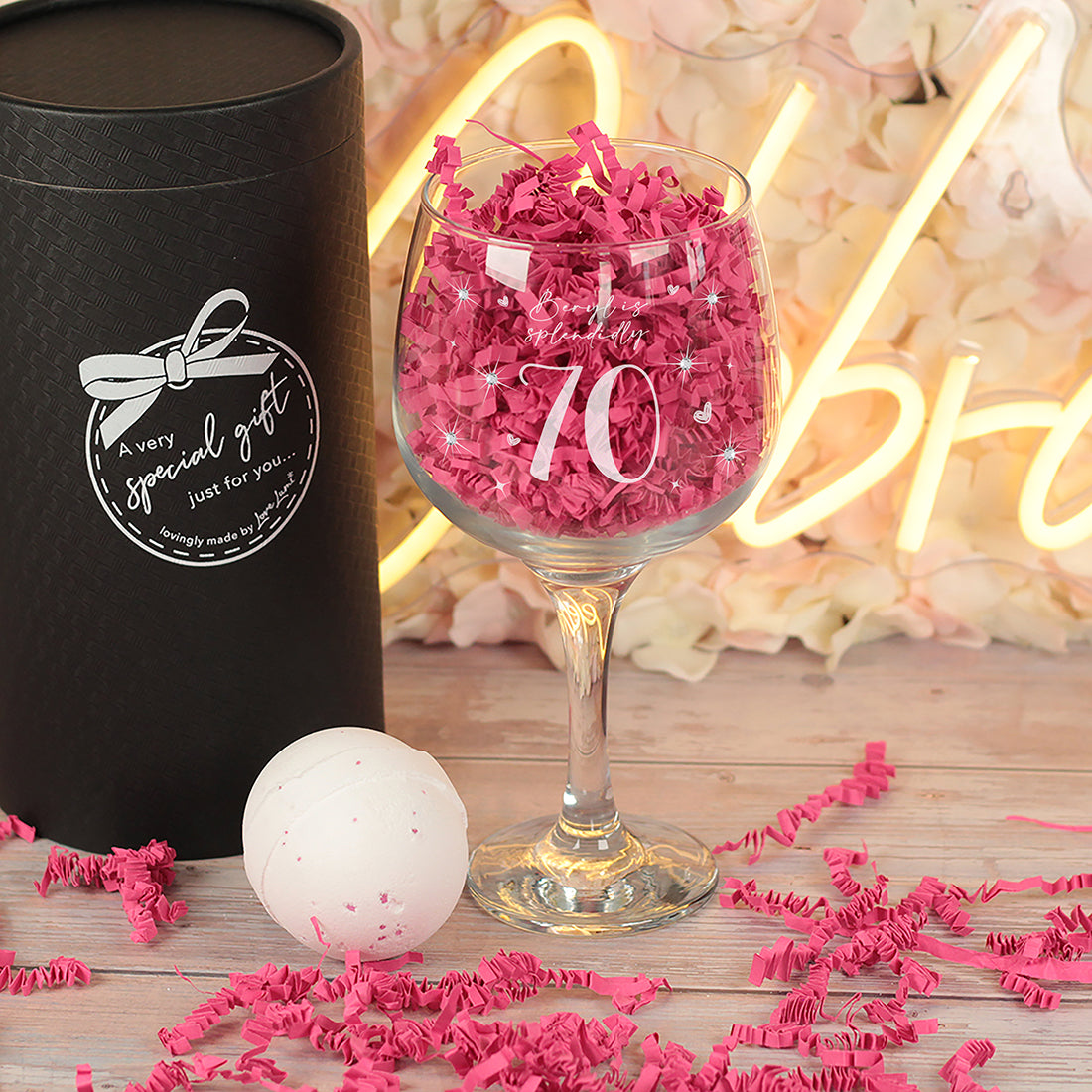 70th Birthday Diamante Embellished Gin Glass and Bath Bomb Gift Set