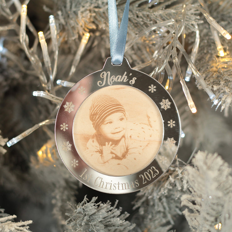 Baby's 1st Christmas Engraved Photo 3D Wood and Mirror Tree Decoration Bauble