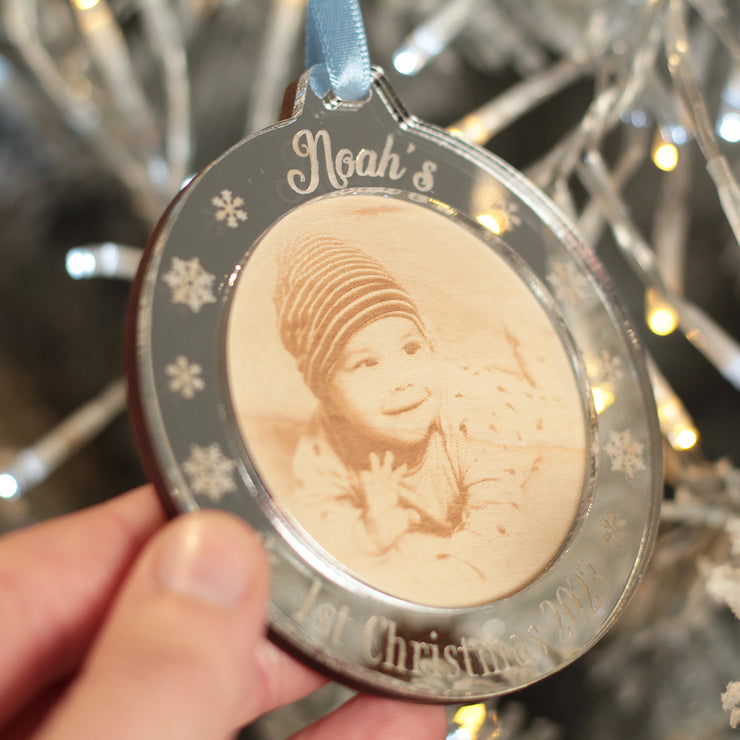 Baby's 1st Christmas Engraved Photo 3D Wood and Mirror Tree Decoration Bauble