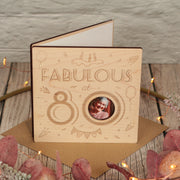 Fabulous at.... Birthday Milestone Wooden Engraved Photo Greetings Card