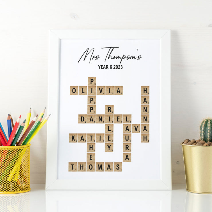 Personalised Scrabble Tile Crossword Print Teacher's Class of Pupils
