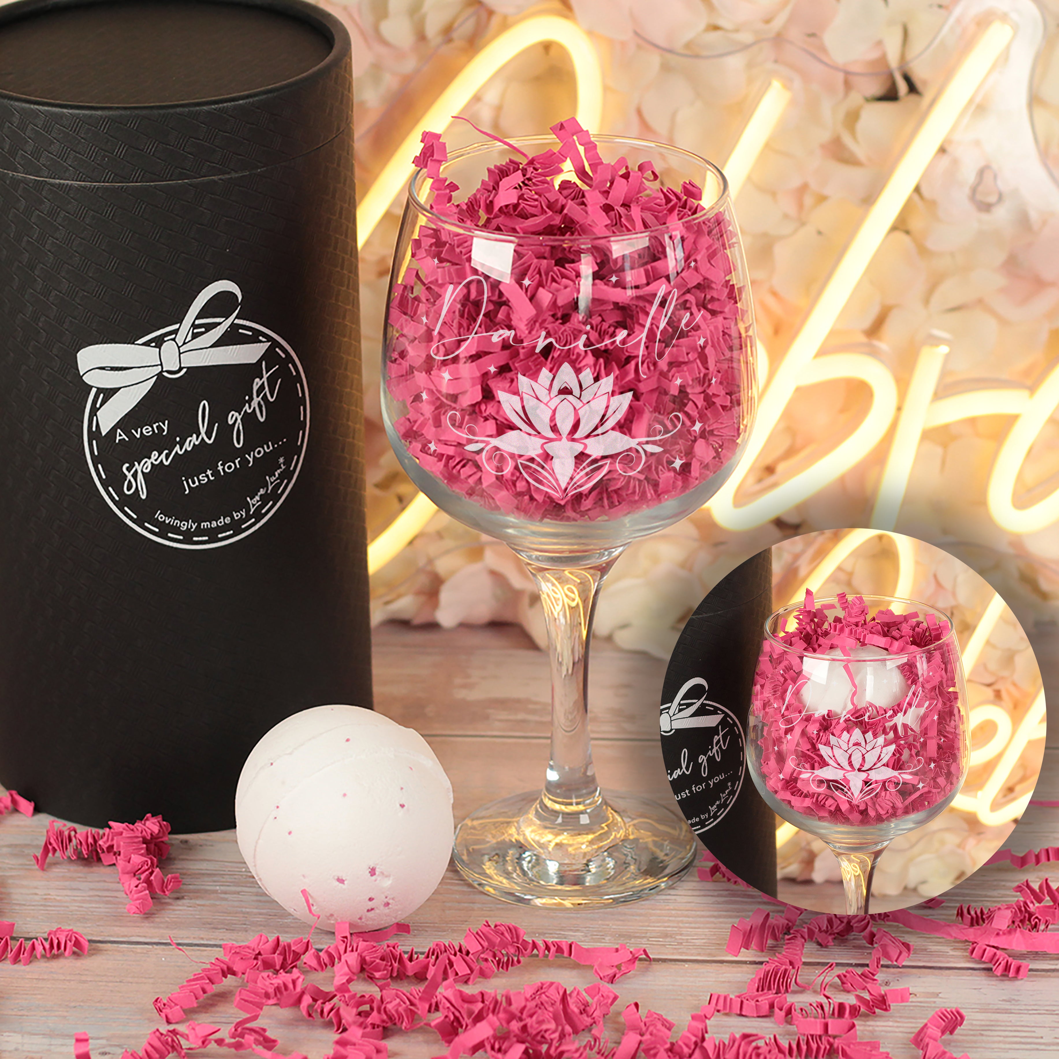 Lotus Flower Gin Glass and Bath Bomb Boxed Gift Set