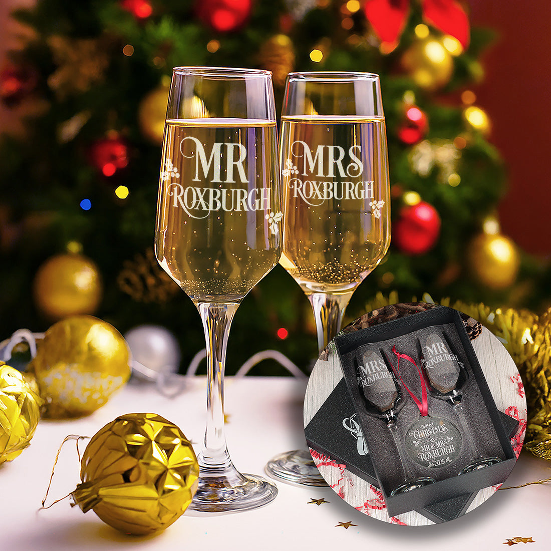 1st Christmas Married Pair of Champagne Flutes and Keepsake Bauble
