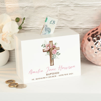 Floral Cross Christening Money Box