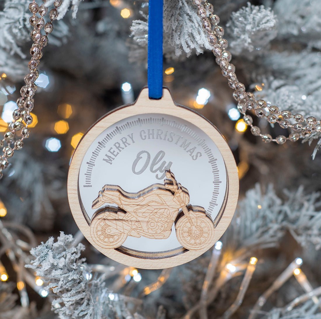 Motorbike Silhouette 3D Wood and Mirror Christmas Tree Decoration Bauble-Love Lumi Ltd