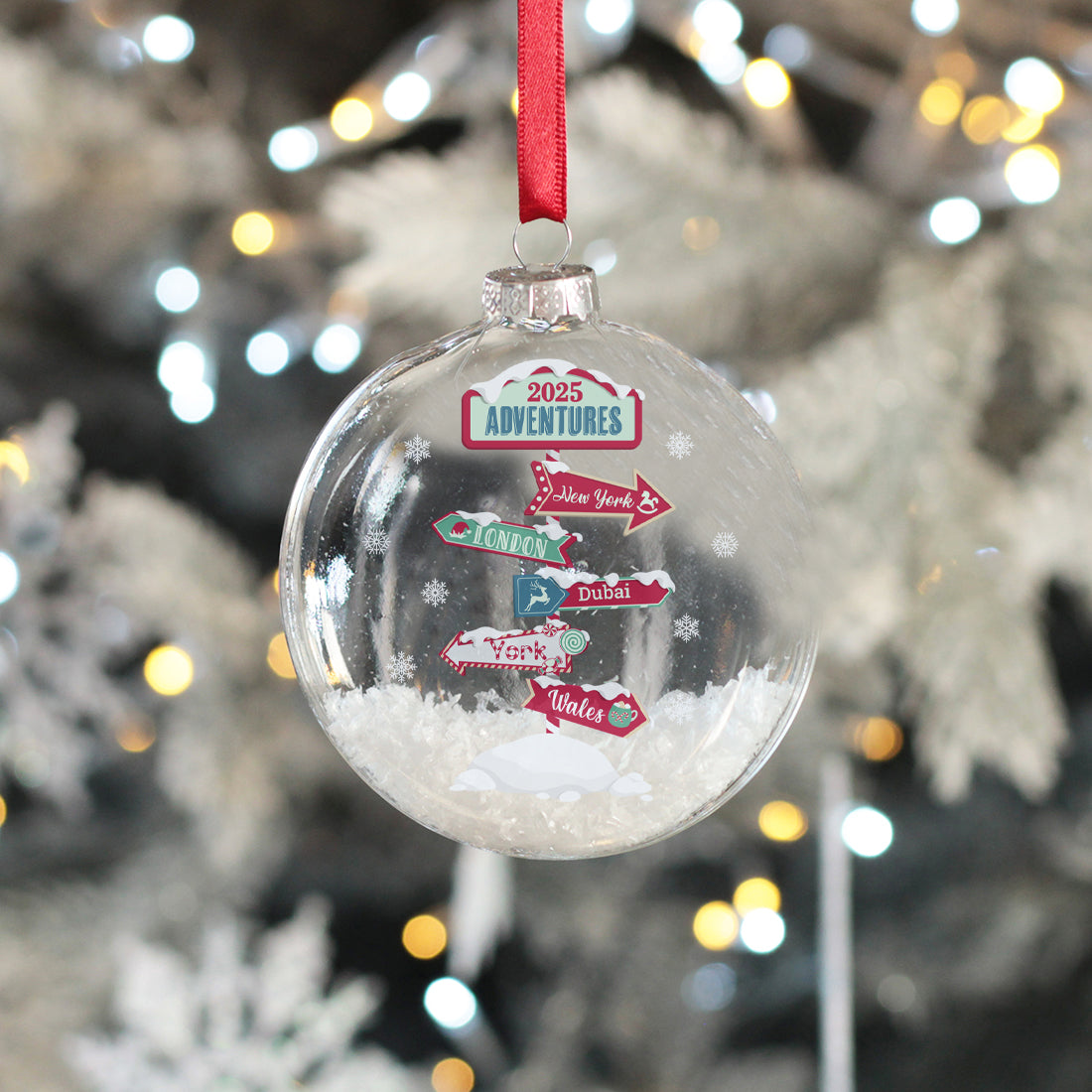 North Pole Signpost Travel Adventures Christmas Snow Filled Glass Bauble