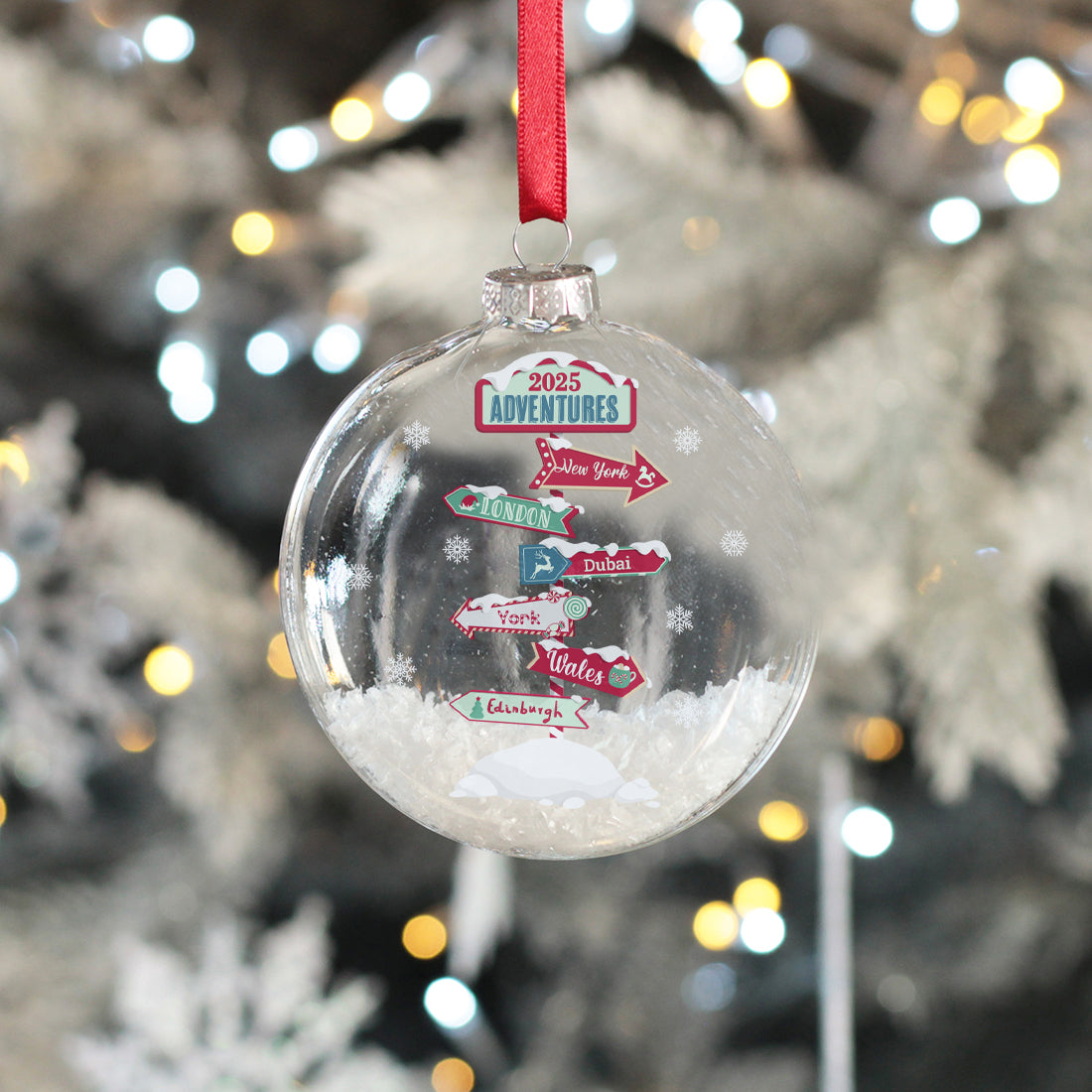 North Pole Signpost Travel Adventures Christmas Snow Filled Glass Bauble