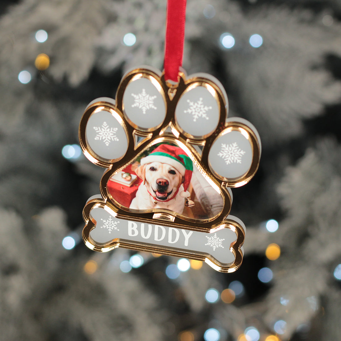 Pet Paw Print Photo 3D Frost and Mirror Acrylic Christmas Tree Decoration-Love Lumi Ltd