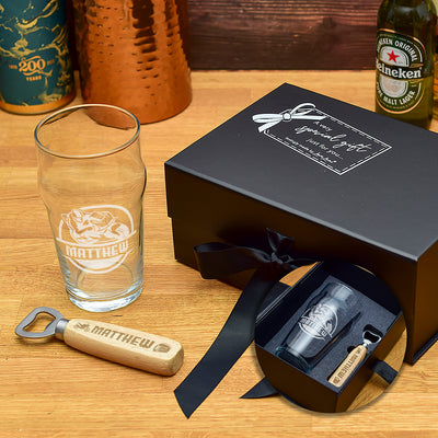 Luxury Gift Boxed Motorcycle Motorbike Beer Pint Glass And Bottle Opener Set