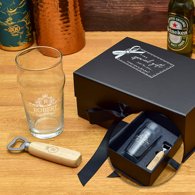Luxury Gift Boxed Regal Frame Beer Pint Glass And Bottle Opener Set