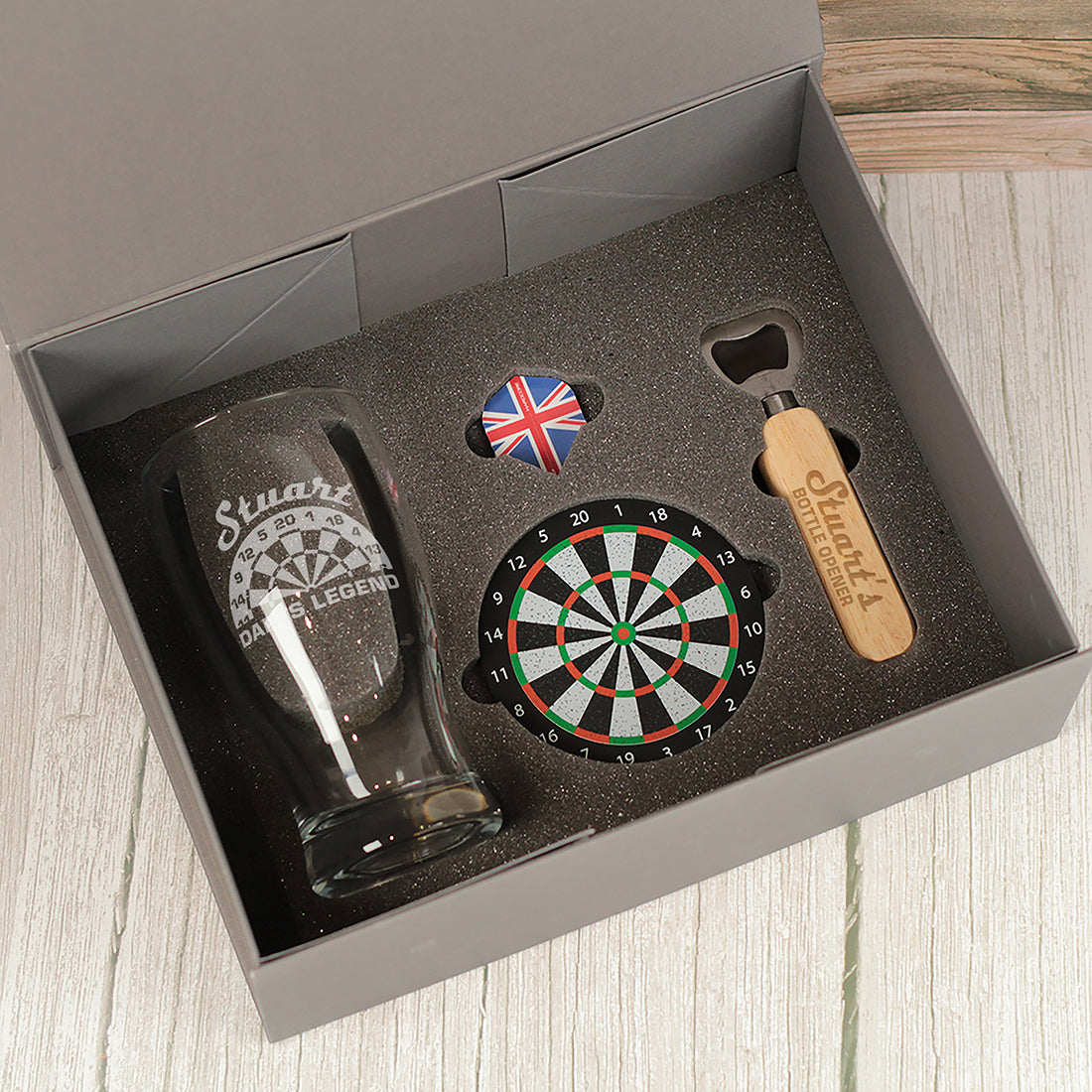Darts Legend Pint Glass with Flights and Dartboard Coaster Gift Boxed Set
