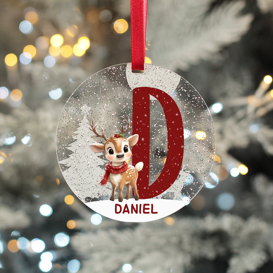 Personalised Reindeer Alphabet Initial Glitter Acrylic Christmas Tree Decoration