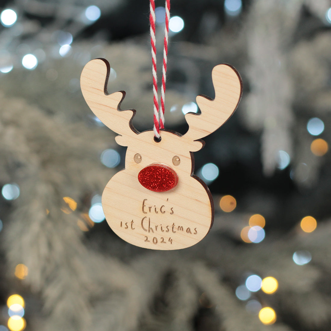 1st Christmas Rudolph Red Glitter Nose Wooden Christmas Decoration-Love Lumi Ltd