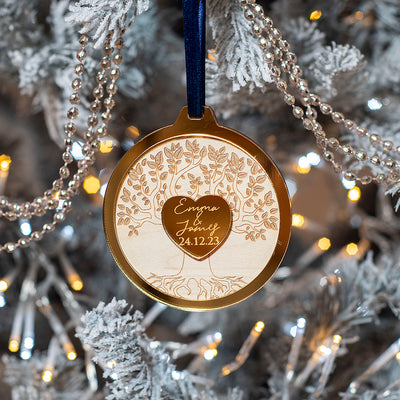 Tree of Life Names and Date 3D Wood and Mirror Christmas Tree Decoration Bauble