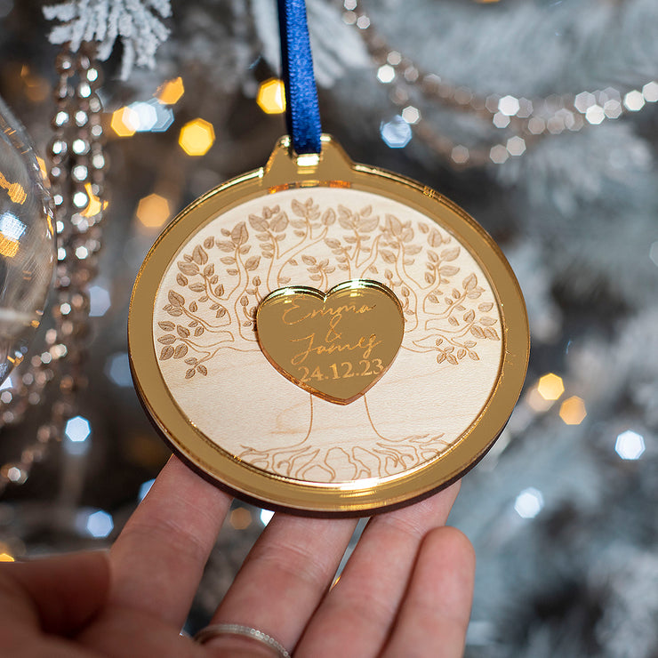 Tree of Life Names and Date 3D Wood and Mirror Christmas Tree Decoration Bauble