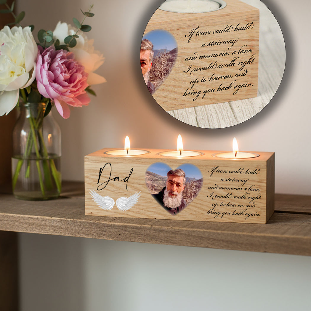 Solid Oak Photo Memorial Triple Tealight Holder