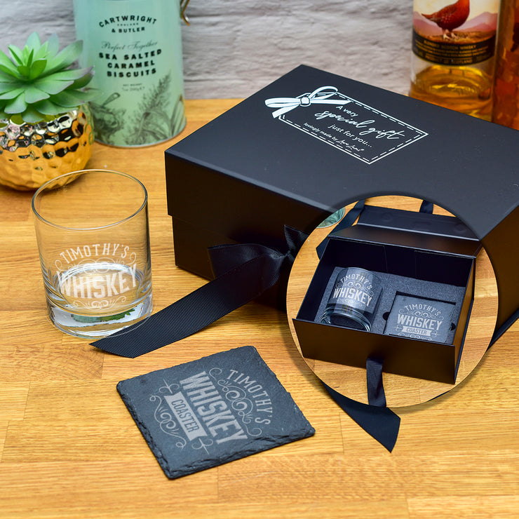 Luxury Gift Boxed Whiskey / Whisky Label Glass Tumbler and Coaster Set