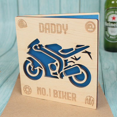 Number 1 Biker Motorcycle Engraved Wooden Greetings Card-Love Lumi Ltd