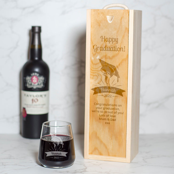 Personalised Happy Graduation Hat Wine Bottle Gift Box and Glass-Love Lumi Ltd