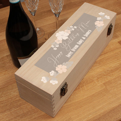 Personalised Floral Frame Happy Birthday Hinged Wooden Champagne Prosecco Bottle Gift Box-Love Lumi Ltd