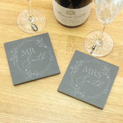 2 Engraved Mr & Mrs Wedding Gift Slate Coasters-Love Lumi Ltd