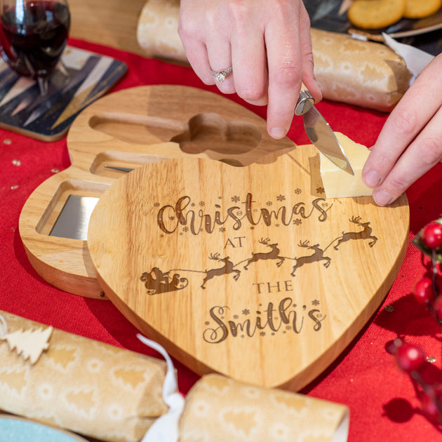 Family Christmas Santa's Sleigh 3 Piece Wooden Heart Cheese Board Set