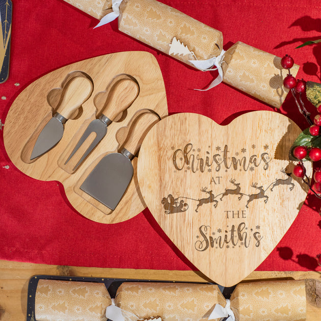Family Christmas Santa's Sleigh 3 Piece Wooden Heart Cheese Board Set