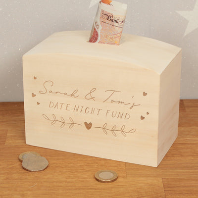 Personalised Date Night Engraved Wooden Money Savings Box Piggy Bank-Love Lumi Ltd