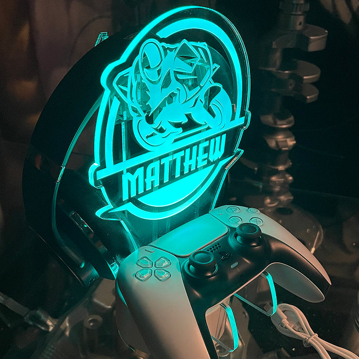 Personalised LED Light Racing Motorbike Controller and Headset Gaming Station with Colour Changing base-Love Lumi Ltd