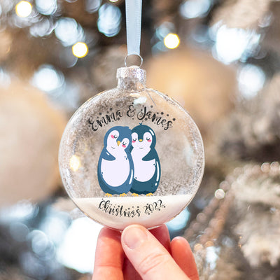 Personalised Penguin Couple Christmas Glitter Glass Christmas Tree Bauble Ornament-Love Lumi Ltd