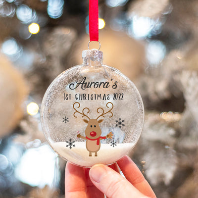 Personalised Rudolph Baby's 1st Christmas Glitter Glass Christmas Tree Bauble Ornament-Love Lumi Ltd