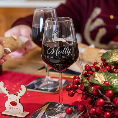 Personalised Flying Reindeer Christmas Stemmed 365ml Wine Glasses-Love Lumi Ltd